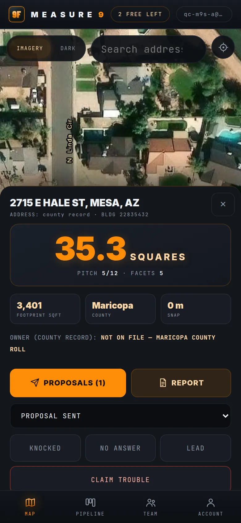 MEASURE 9 app — tap a roof on the live map and measure it on the spot